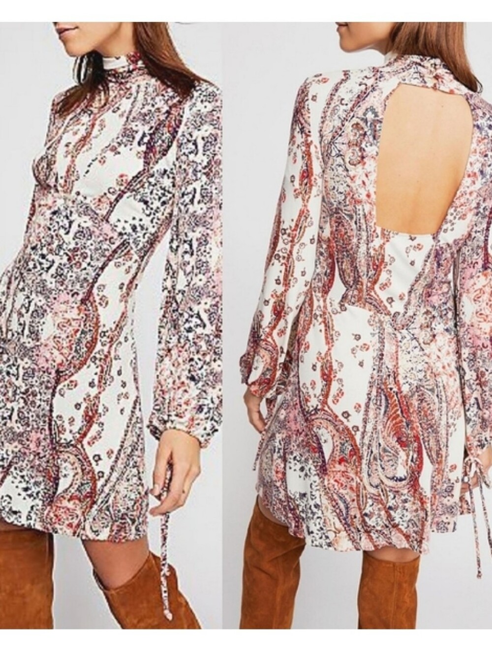 Free People All Dolled Up Paisley Orange Long-Sleeve Mini Dress Large